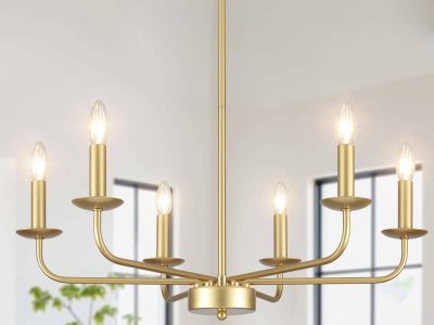 ASHUAQI Candelabru Aur, 6 Becuri Candelabru Clasic Vintage, Candelabru Modern cu Soclu E14, Lumină suspendată Aur pentru Sufragerie Dormitor Bucătărie Sufragerie Hol, Lampă suspendată Aur